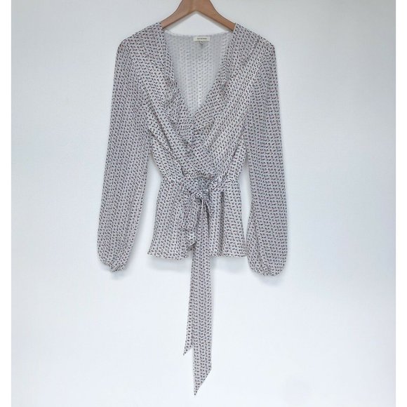 Max Studio Ruffle Blouse Faux Wrap Tie Polka Dot Long Sleeve Lined Size Large - Picture 1 of 6